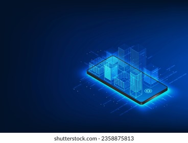 Smartphone technology that displays buildings arranged on a mobile screen. Smartphone technology makes it easier for residents of smart cities to make transactions and live life easier.