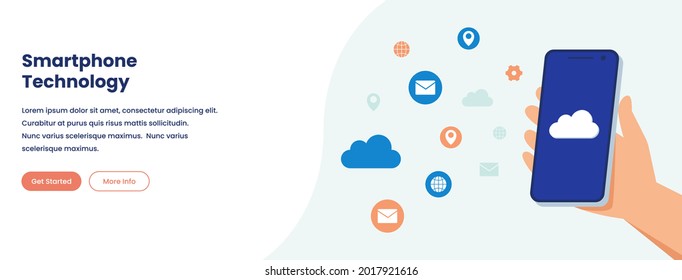 Smartphone technology vector illustration banner concept in flat style. Suitable for web banners, social media, postcard, presentation and many more.
