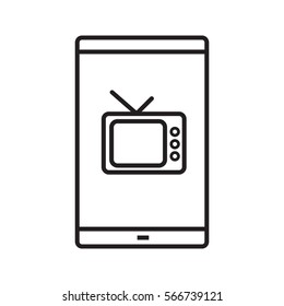 Smartphone television app linear icon. Thin line illustration. Smart phone with tv set contour symbol. Vector isolated outline drawing
