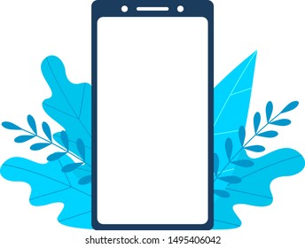 Smartphone template with blank screen on foliage background.
Phone on floral backdrop. Screen surrounded by lush exotic light blue leaves.