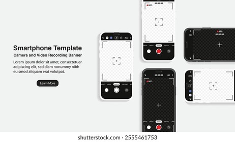 Smartphone Template: Camera and Video Recording Banner. Front view of a smartphone displaying a camera and video capture app on the screen. Vector illustration.