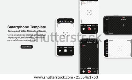 Smartphone Template: Camera and Video Recording Banner. Front view of a smartphone displaying a camera and video capture app on the screen. Vector illustration.