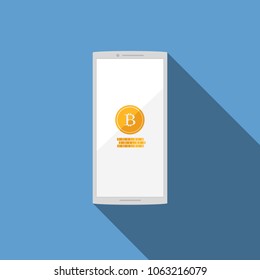 Smartphone template mockup with bitcoin cryptocurrency symbol icon flat style with hard light shadow on blue background concept idea vector eps10