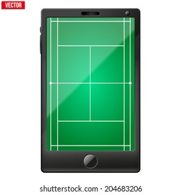 Smartphone with a tennis field on the screen. Sport technology and applications. Vector illustration. Isolated on white background.