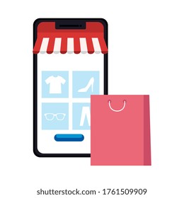 Smartphone with tent and bag design of Shopping online ecommerce market retail and buy theme Vector illustration