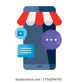smartphone with tent and bubbles design, Digital marketing and ecommerce theme Vector illustration