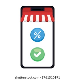 Smartphone with tent check mark and percetage sale button design of Shopping online ecommerce market retail and buy theme Vector illustration