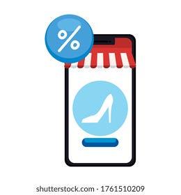 Smartphone with tent heel and percetage sale button design of Shopping online ecommerce market retail and buy theme Vector illustration