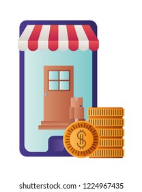 smartphone with tent and packages at the door