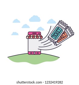 smartphone with tent and tickets comming out