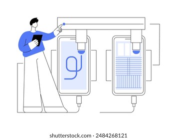 Smartphone testing abstract concept vector illustration. Mobile device testing in laboratory, electronics manufacturing, light industry, smartphone functions inspection abstract metaphor.