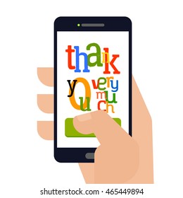 Smartphone with text Thank You which holding man hand. Touch thank you very much. Typography design for tablet and devices.