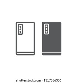 Smartphone with three camera line and glyph icon, technology and communication, mobile phone sign, vector graphics, a linear pattern on a white background, eps 10.