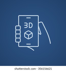 Smartphone with three D box line icon for web, mobile and infographics. Vector light blue icon isolated on blue background.
