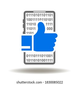 Smartphone thumb up icon vector.  Phone app with gesture like illustration. Feedback Sign. Client satisfaction Symbol. Internet Communication Logo.