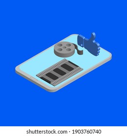 Smartphone thumb up reel and film strip on blue background, isometric image, sign for design, vector illustration