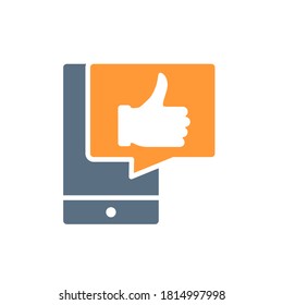 Smartphone con pulgar hacia arriba en icono de burbuja de voz. Revisión del cliente, comentarios, símbolo del mensaje