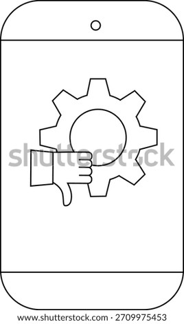 A smartphone with a thumbsdown over a gear