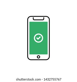 Smartphone with tick checkmark on the screen. Flat vector linear illustration.