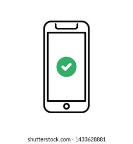 Smartphone with tick checkmark on the screen. Flat vector linear illustration.