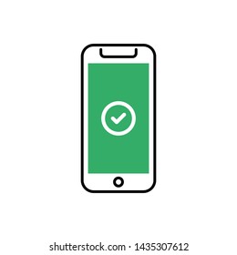 Smartphone with tick checkmark on the screen. Flat vector linear illustration.