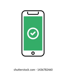 Smartphone with tick checkmark on the screen. Flat vector linear illustration.