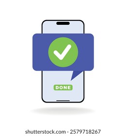 Smartphone and tick vector illustration, flat cartoon cell phone approved tick notification, idea of successful tick update, accepted, confirmation action on cell phone, yes or positive vote