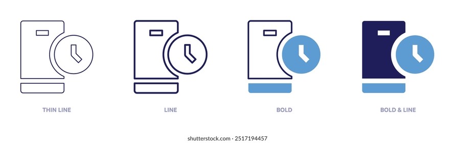 Smartphone time icon in 4 different styles. Thin Line, Line, Bold, and Bold Line. Duotone style. Editable stroke.