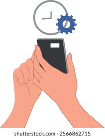 Smartphone for time management and settings. Clock and gear icons. Productivity tools and mobile apps