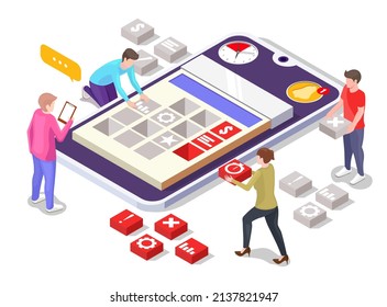 Smartphone with time planning app, flat vector isometric illustration. Online schedule. Organizing, planning controlling of working time, business strategy.