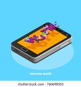 smartphone top view, an icon in the isometric style on a blue background, people are working at the computer at a remote job