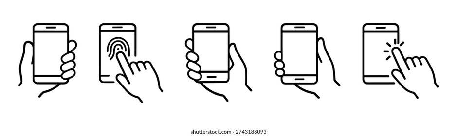 Smartphone touch gesture icon set, hand holding phone with tap swipe and scroll actions, minimal outline vector illustration isolated on transparent background