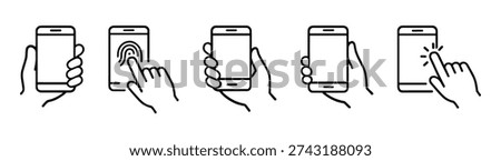 Smartphone touch gesture icon set, hand holding phone with tap swipe and scroll actions, minimal outline vector illustration isolated on transparent background