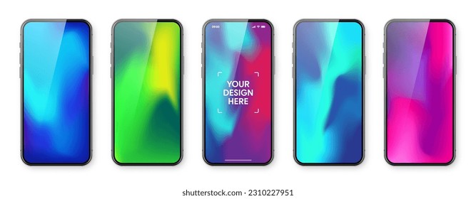 Smartphone with touch screen and abstract colorful background, wallpaper. Frameless mobile phone in front view. High quality detailed device mockup. Vector illustration