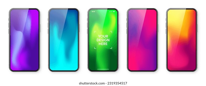 Smartphone with touch screen and abstract colorful background, wallpaper. Frameless mobile phone in front view. High quality detailed device mockup. Vector illustration