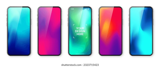 Smartphone with touch screen and abstract colorful background, wallpaper. Frameless mobile phone in front view. High quality detailed device mockup. Vector illustration