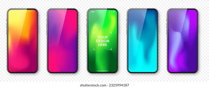 Smartphone with touch screen and abstract colorful background, wallpaper. Frameless mobile phone in front view. High quality detailed device mockup. Vector illustration