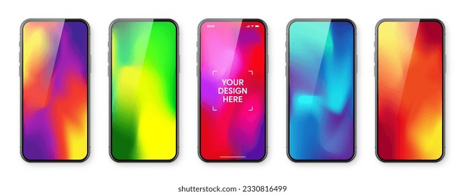 Smartphone mit Touchscreen und abstraktem bunter Hintergrund, Tapete. Framelloses Handy im vorderen Blick. Detaillierte Geräteauswahl in hoher Qualität. Vektorgrafik