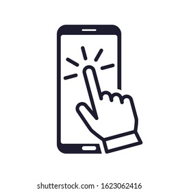 smartphone touch screen with clicking hand symbol icon isolated on white background