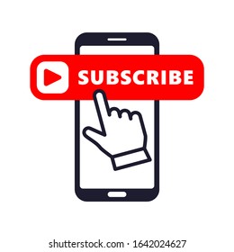 smartphone touch screen with clicking hand on subscribe social media ui symbol icon isolated on white background