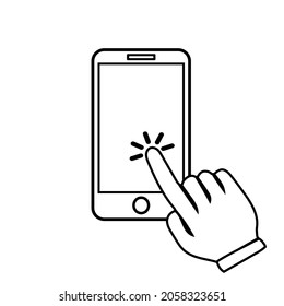 	
Smartphone touch screen with clicking hand symbol icon isolated on white background.
