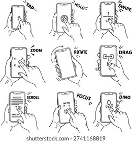 Smartphone touch screen gestures vector set, hand holding phone icons.