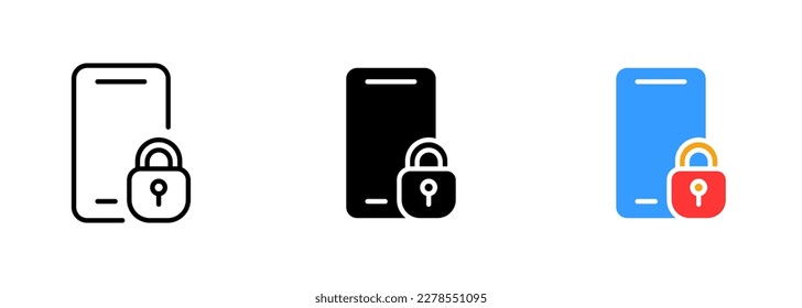 Un smartphone con pantalla táctil y un icono de bloqueo, que indica que el dispositivo está bloqueado y requiere una contraseña. Conjunto vectorial de iconos en línea, de color y negro aislados.