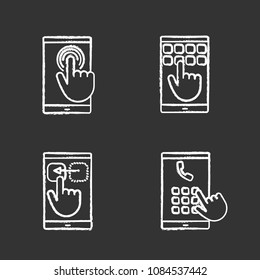 Smartphone touchscreen chalk icons set. Double tap touch and drag gesture, phone number dialing, keypad. Isolated vector chalkboard illustrations