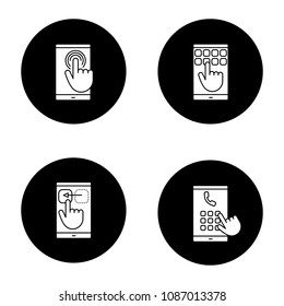 Smartphone touchscreen glyph icons set. Double tap touch and drag gesture, phone number dialing, keypad. Vector white silhouettes illustrations in black circles