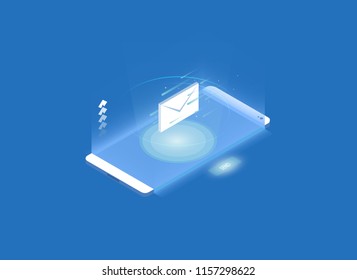 Smartphone Touchscreen mobile phone glows and Email Inbox Electronic Communication. E-mail marketing. Receiving messages. 3d isometric flat design. Vector illustration.
