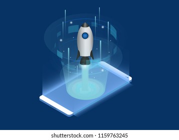 Smartphone Touchscreen mobile phone glows Rocket and smoke through cloud Business startup concept. 3d isometric flat design flat design vector illustration. 