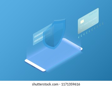 Smartphone Touchscreen mobile phone glows and Personal data protection. Cyber security. Traffic Encryption, VPN, Antivirus.3d isometric flat design. Vector illustration.