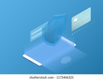Smartphone Touchscreen mobile phone glows and Personal data protection. Cyber security. Traffic Encryption, VPN, Antivirus. isometric flat design. Vector illustration.