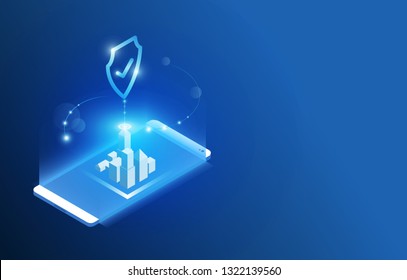 Smartphone Touchscreen mobile phone glows and Progress upload Personal city data protection. Cyber security. Traffic Encryption, VPN, Antivirus. isometric flat design. Vector illustration.